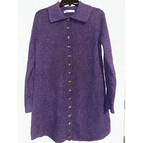 Zara purple eggplant polo collar knit mini dress size L Large sweater - Picture 2 of 6